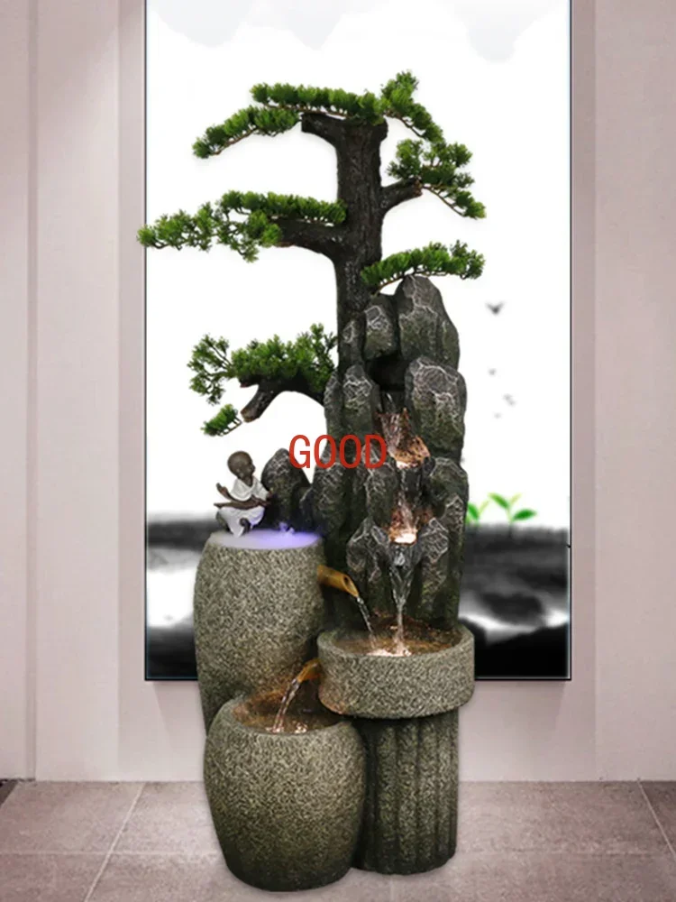 

Chinese Style Welcome Pine Artificial Mountain and Fountain Balcony Landscape Floor Decoration Waterscape Decoration