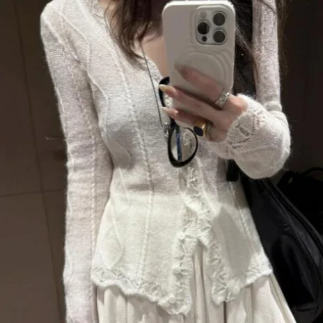 

Корейский шикарный вязаный кардиган с v-образным вырезом, мягкий свитер для женщин, повседневные базовые кардиганы с длинными рукавами, осенние винтажные трикотажные топы