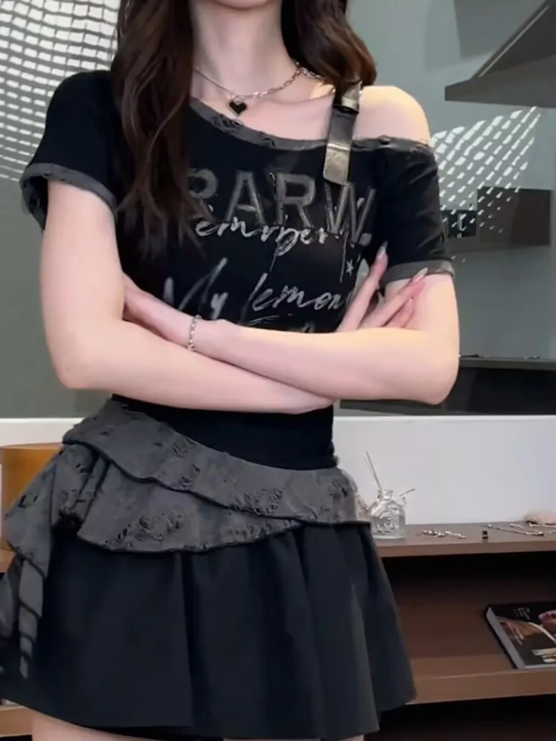 

Summer New Gothic T Shirt Fashion Versatile Girls Short Sleeve T Shirt Women Black Asymmetrical Punk Tops Aesthetic Clothes