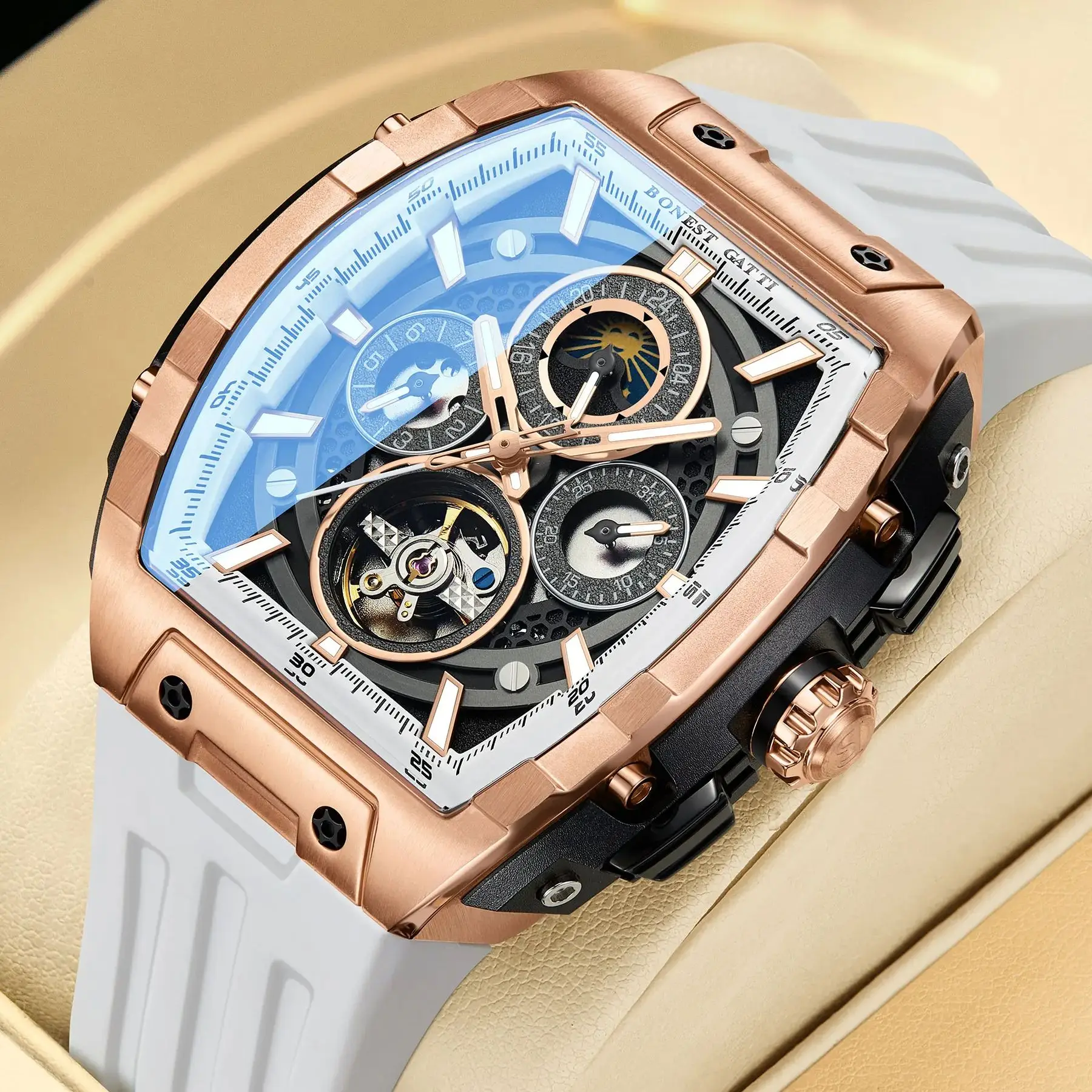 BONEST GATTI ساعة أوتوماتيكية للرجال Tonneau ساعة يد ميكانيكية مقاومة للماء الياقوت مضيئة تاريخ الأسبوع 24 ساعة حزام مطاطي فلوري