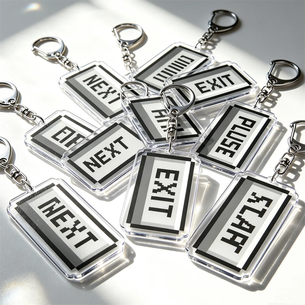 Retro Nostalgia Click Button Keychains for Accessories Jewelry Play Start Continue Key Ring Purse Phone Bag Charm Friends Gifts