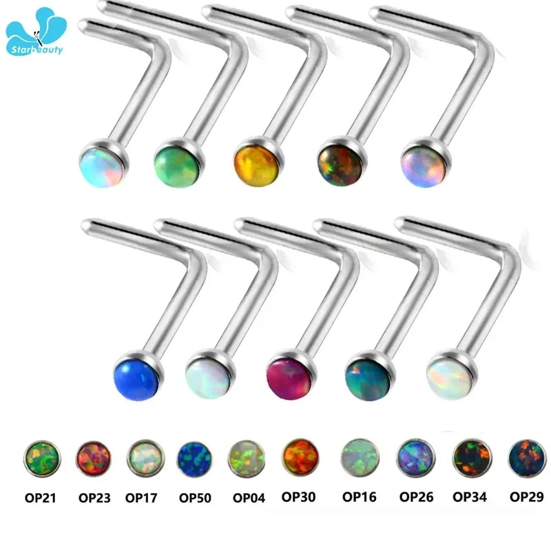 2Pcs Hot Opal Stone Nose Ring Piercings 20G Steel L Shape Opal Gem Steel Nose Stud Ring Piercing Jewelry Mixed 10 colors