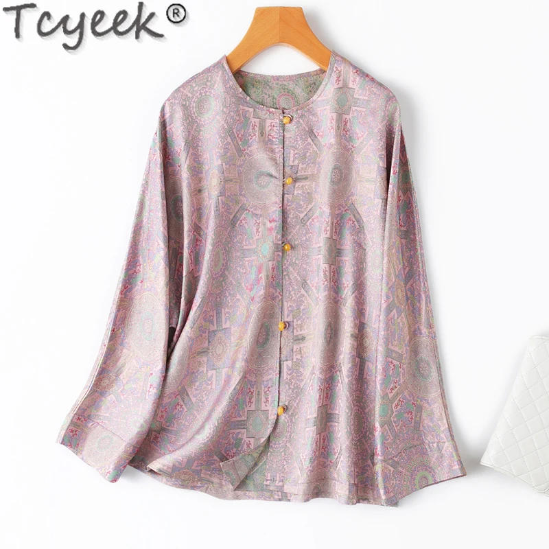 

Tcyeek 100% Real Mulberry Silk Shirt Vintage Shirt Elegant Women's Shirts Summer Clothes Long Sleeve Womens Tops Chemise Femme