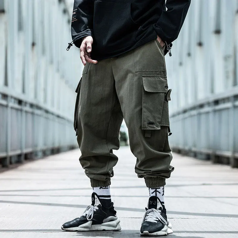 Black Cargo Pants Men Fashion Joggers Harem Pants Streetwear Male Broadcloth Mulit Pocket Linen Military Tactical Trousers Punk