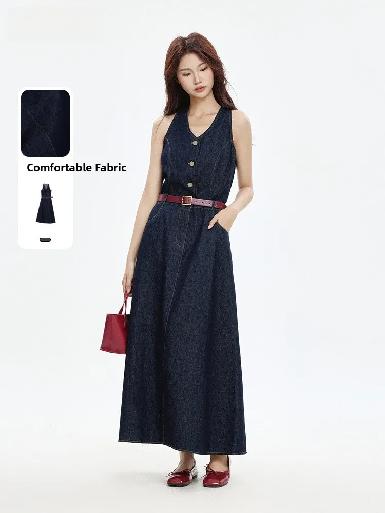 

Модный джинсовый жилет Dr Memory's Start, летняя новинка, длинная юбка с завязками на шее, корейский стиль, приталенный крой, хлопковая смесь