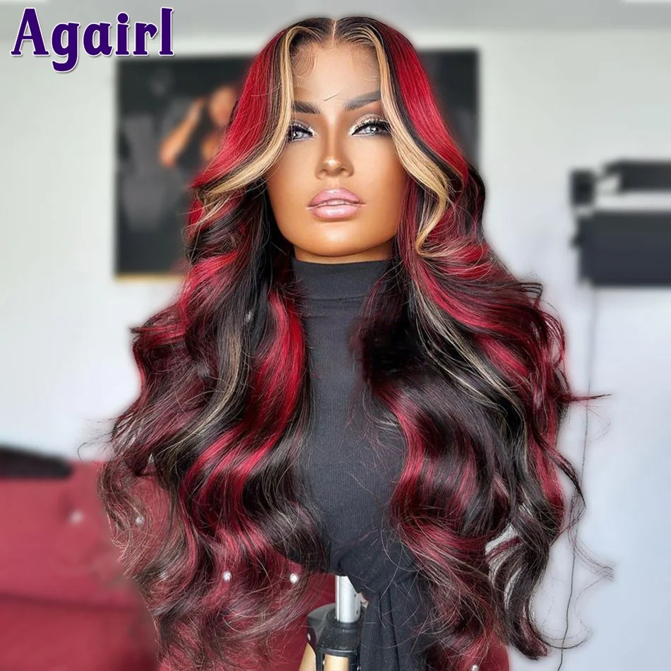 Peruca frontal de renda ondulada para mulheres negras, destaque loiro vermelho, cabelo humano pré-arrancado, onda corporal, 13x6, 6x4, pronto para ir, 13x4