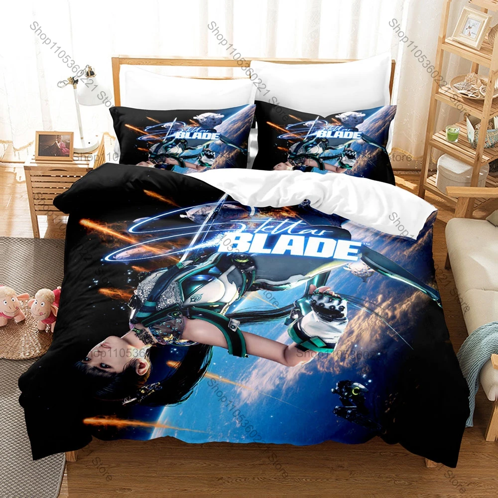 Sci-Fi Action Game Stellar Blade Character Print Duvet Cover + 2 Pillowcases Soft Microfiber Teen Gamer Room Bedding