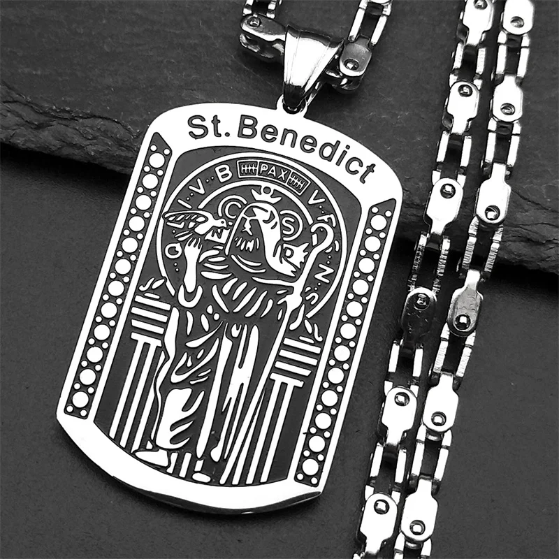 

Hip Hop Catholic Saint Benedict Medal Pendant Necklace for Women Men Stainless Steel Silver Color Religious Jewelry San Benito