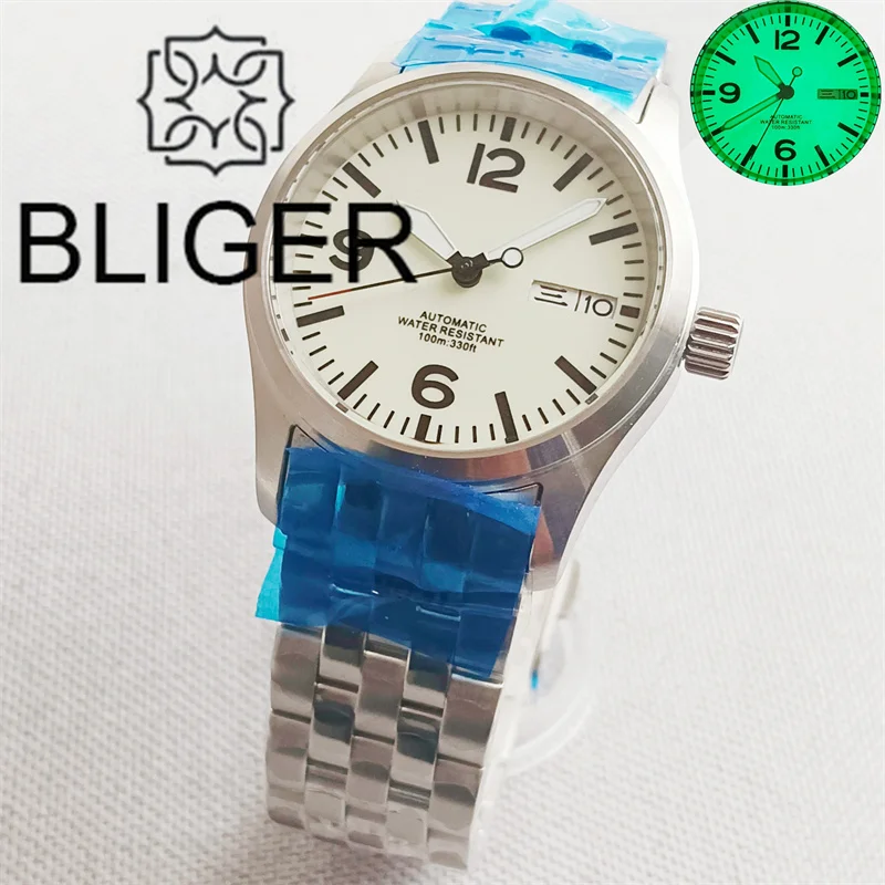 BLIGER 36mm39mm Pilot Watch For Men Brushed Bezel Black Dial With Green Luminous Mesh Strap Jubilee Bracelet Sapphire Glass NH35