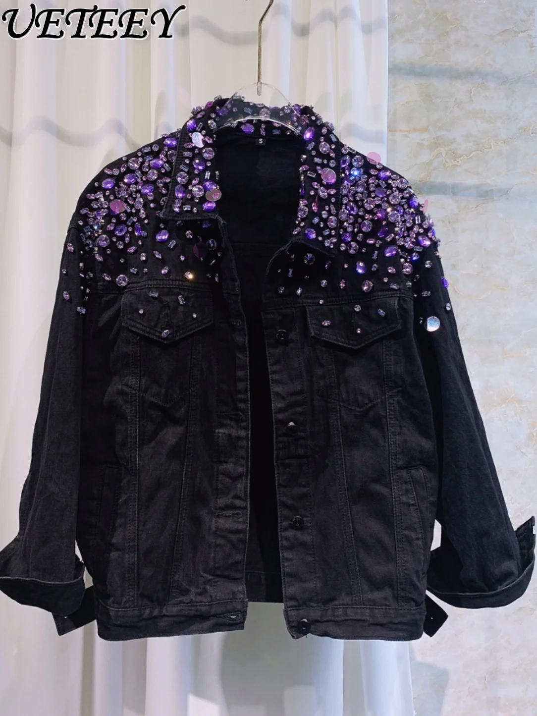 

European Station New Purple Sequin Hand-Stitched Jean Jacket Pure Cotton Wash Women's Loose Long Sleeve Black Denim Coat