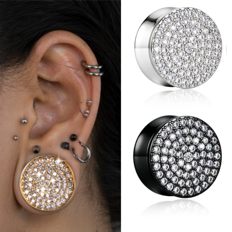 Doearko 2Pc  Full Paved Crystal Ear Gauges Plugs Stainless Steel Ear Stretcher Tunnels Body Piercing Ear Expanders