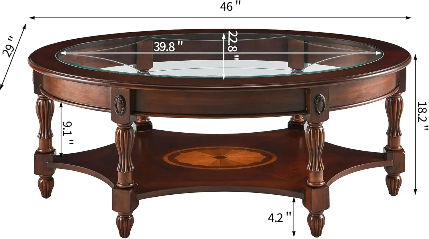 Oval Coffee Table for Living Room Cherry Solid Wood Coffee Table with Glass Top Victorian Antique Vintage Coffee Table