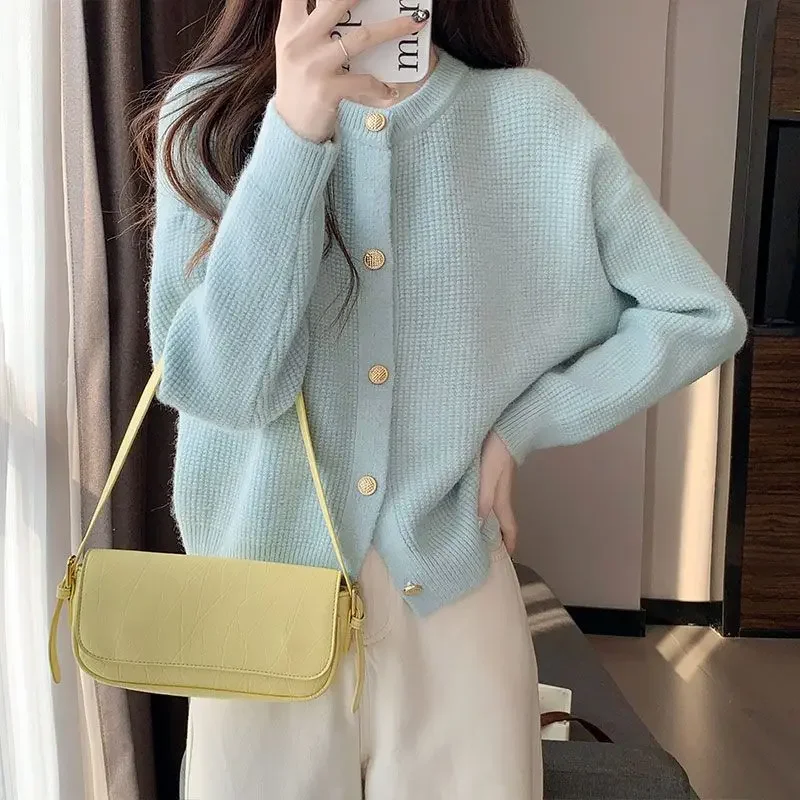 

Autumn New Round Neck Cardigan Loose Soft Comfortable Knitted Jacket Women's Korean Fashion Casual Single Breasted Pink Cardigan