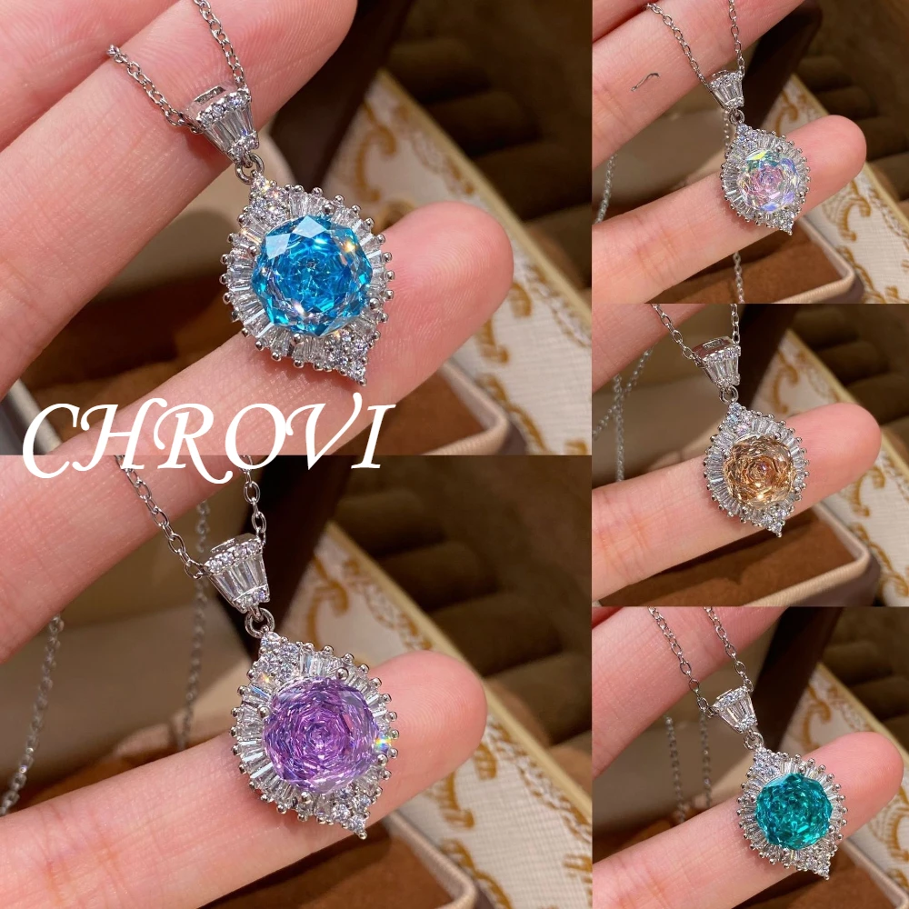 Exquisite 925 sterling silver millennium rose ice sea blue pendant necklace for women, fashionable diamond collar chain