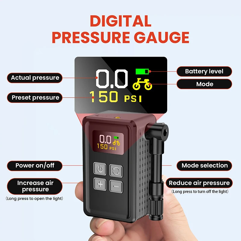 

Mini Bike Tire Pump 150PSI Fast Inflation with Gauge Presta Schrader Valve Portable Electric Air Pump for Road