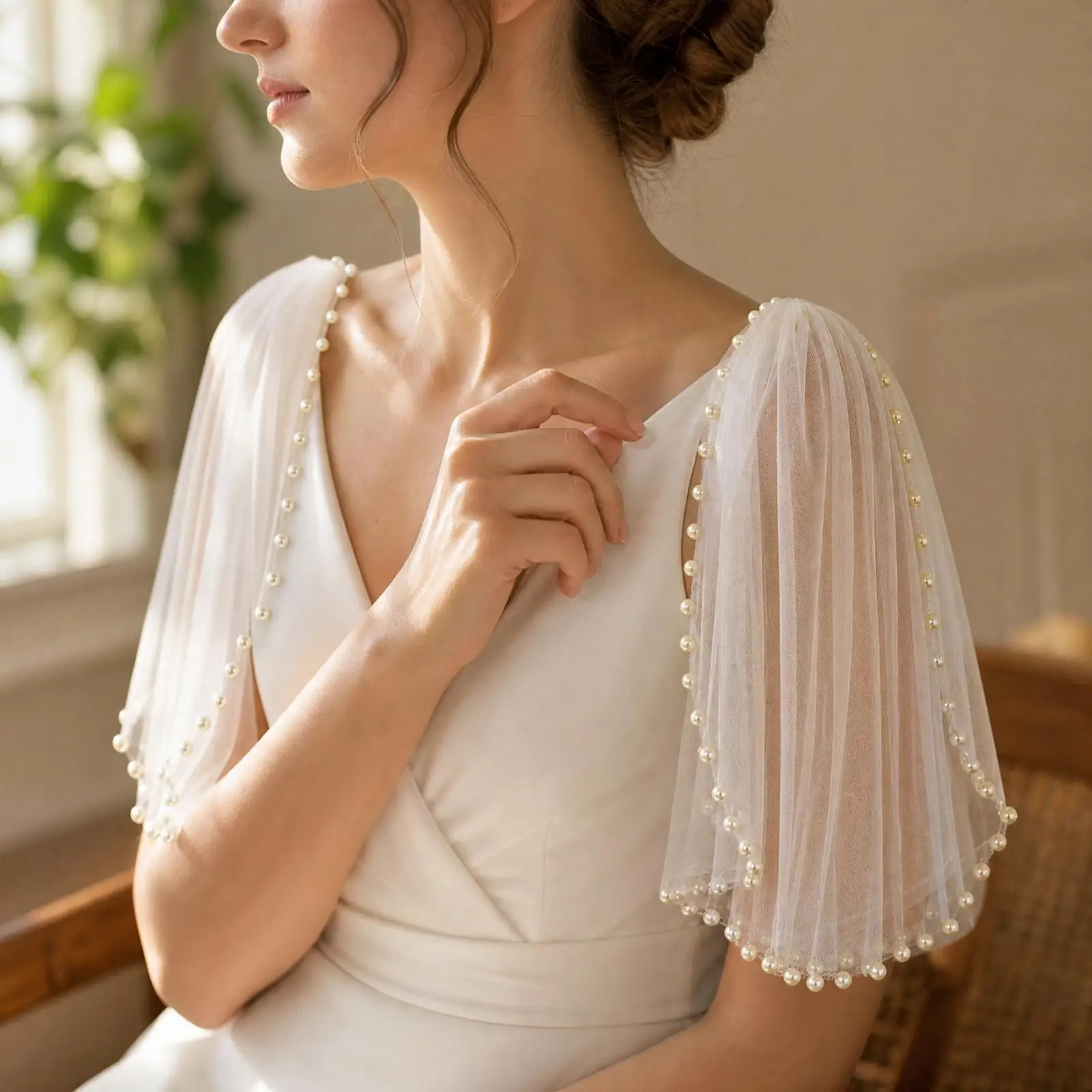 Translucent Shoulder Wraps with Pearl Beads Detachable Pearl-Trimmed Arm Coverings Hand-Finished Mesh Shoulder Accessories for
