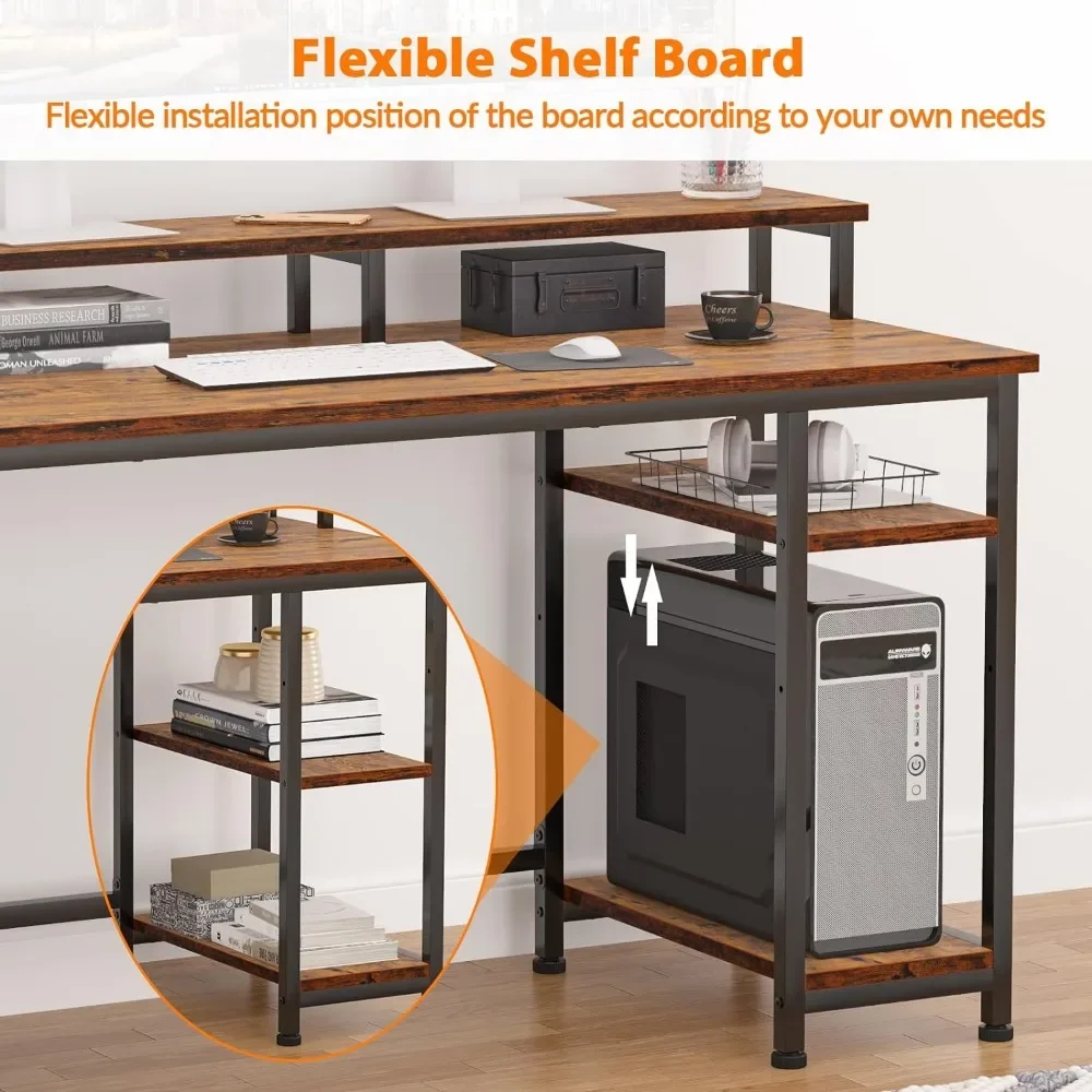 Standing Desk with 2 Drawers, 3 Open Storage Shelves, Middle Board Is Adjustable, Office Table