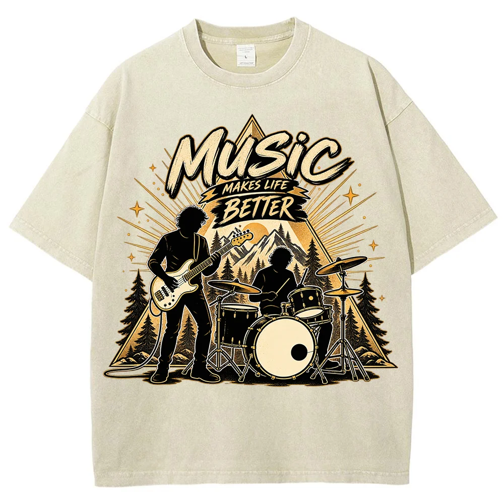 Men Music Makes Life Better Graphic T Shirt Vintage Short Sleeve Casual Top Rock Band Mountain Outdoor Summer