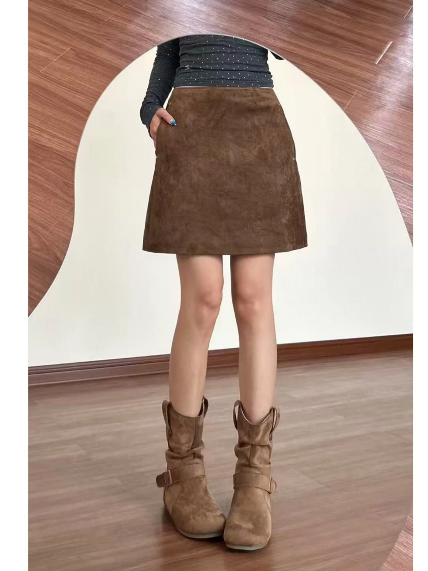 plus Size Women's Suede  Skirt High Waist Slimming A-Line Hip Covering Caramel Color Wrap Short Skirt Casual Style