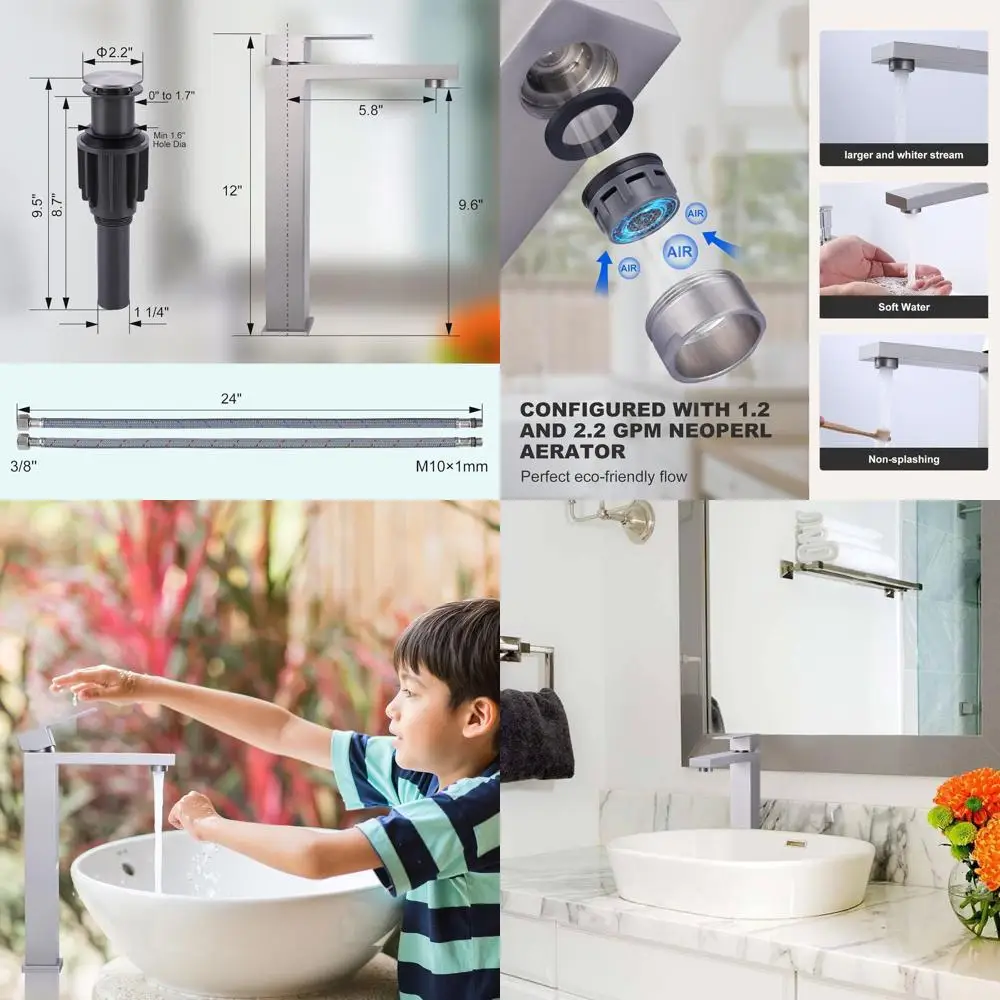 

Высокий смеситель для раковины с одной ручкой из матового никеля, с выдвижным сливом и линиями подачи