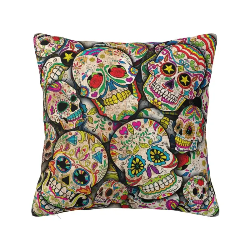 

Luxury Sugar Skull Collage Cushion Covers Velvet Day of the Dead Pillow for Sofa Car Square Pillowcase Bedroom Decoration