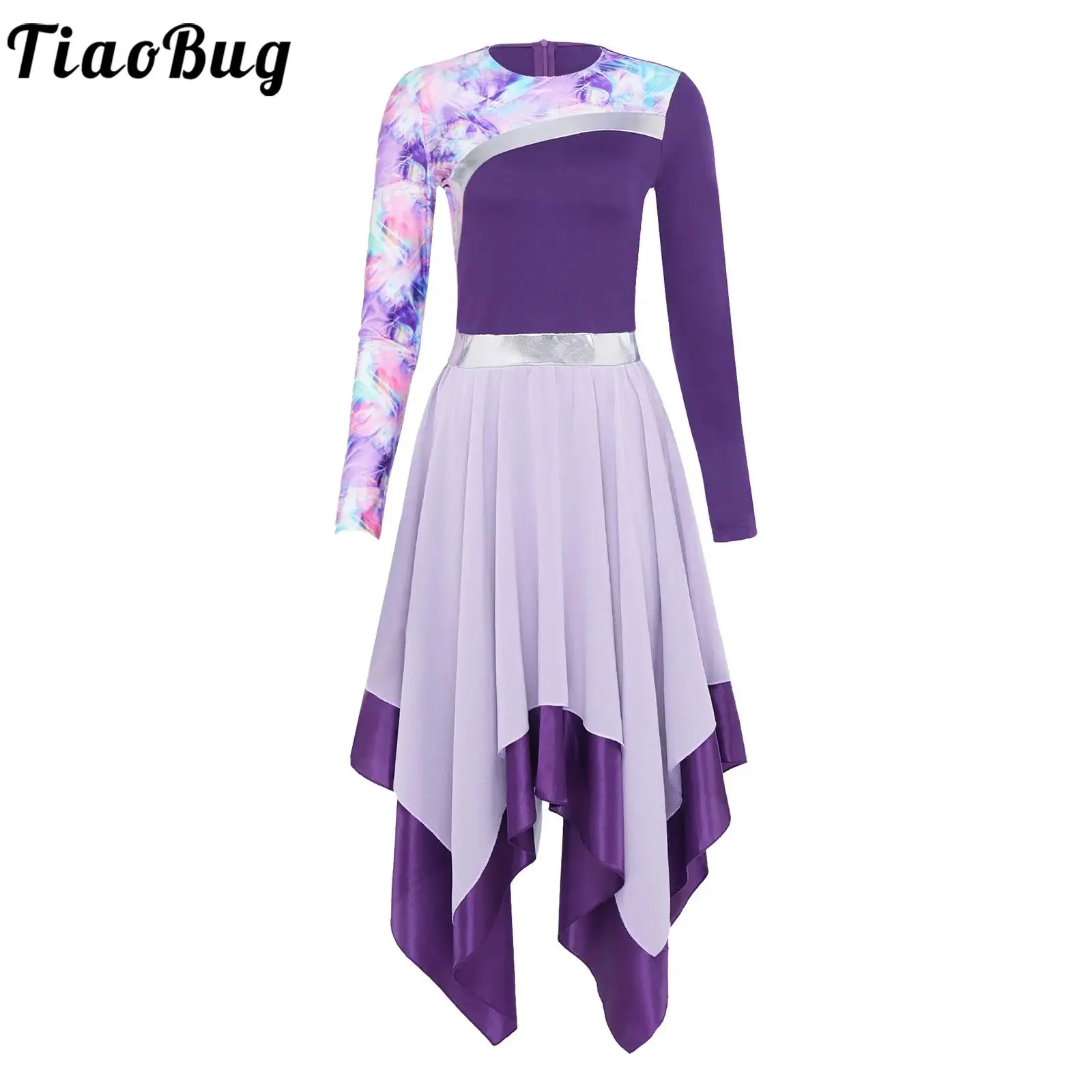 

Women Printed Worship Liturgical Dance Dress Long Sleeve Color Block Tunic Robe Dance Dress Lyrical Ballroom Praise Dancewear