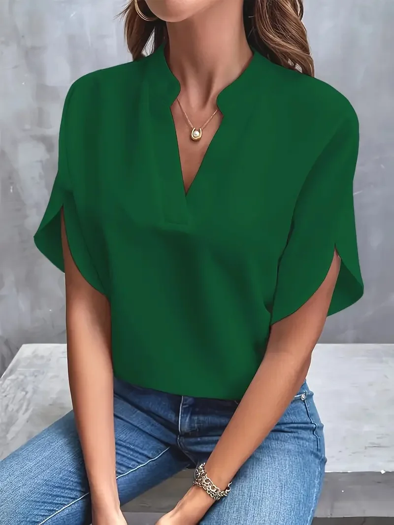 Solid Color Notch Neck Blouse Casual Short Split Sleeve Blouse For Spring & Summer Women\'s Clothing