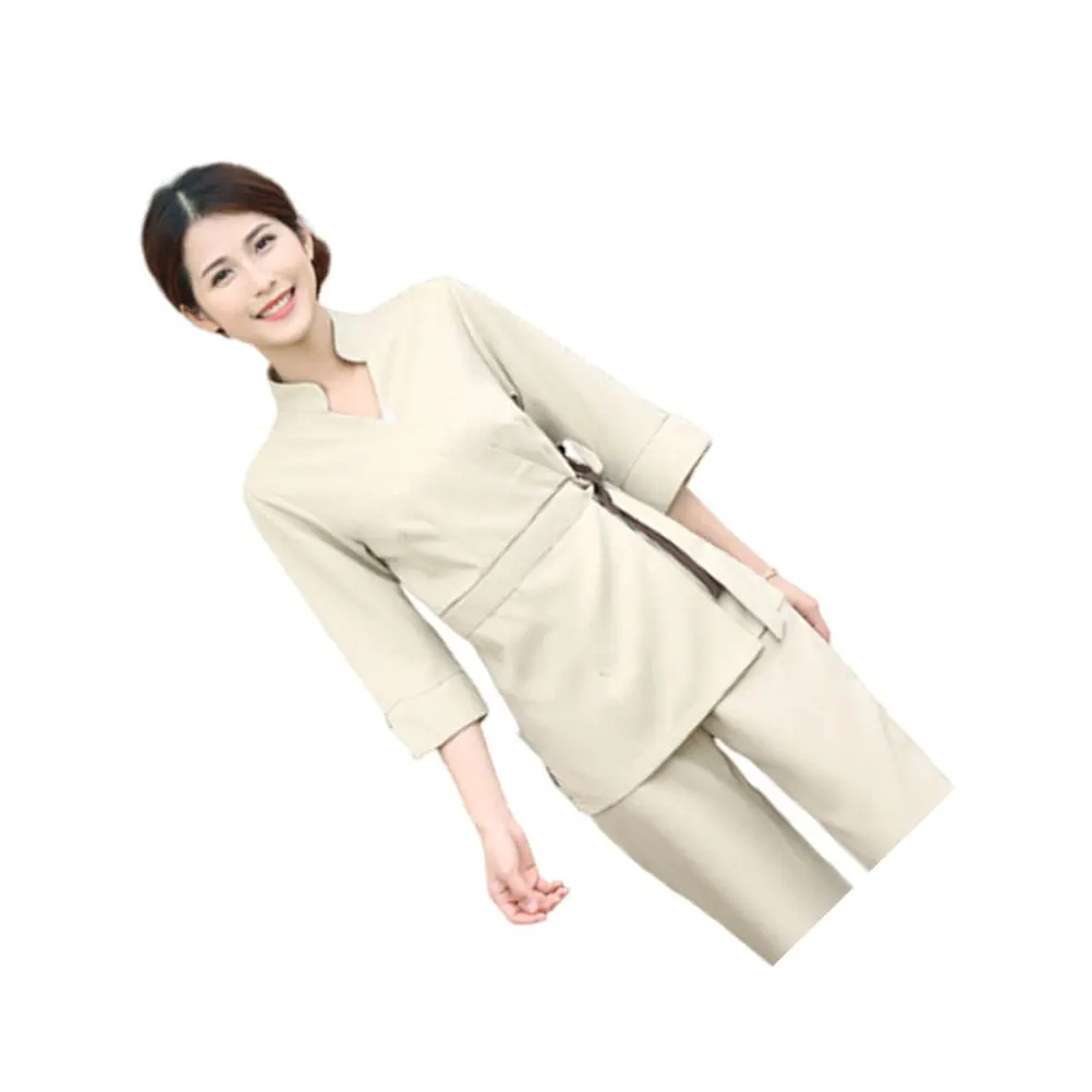 1 Set Schoonheidssalon Uniform Professioneel tweedelig pak Beige katoenen V-hals Tops Werkkleding voor schoonheidsspecialiste Dames Zomer