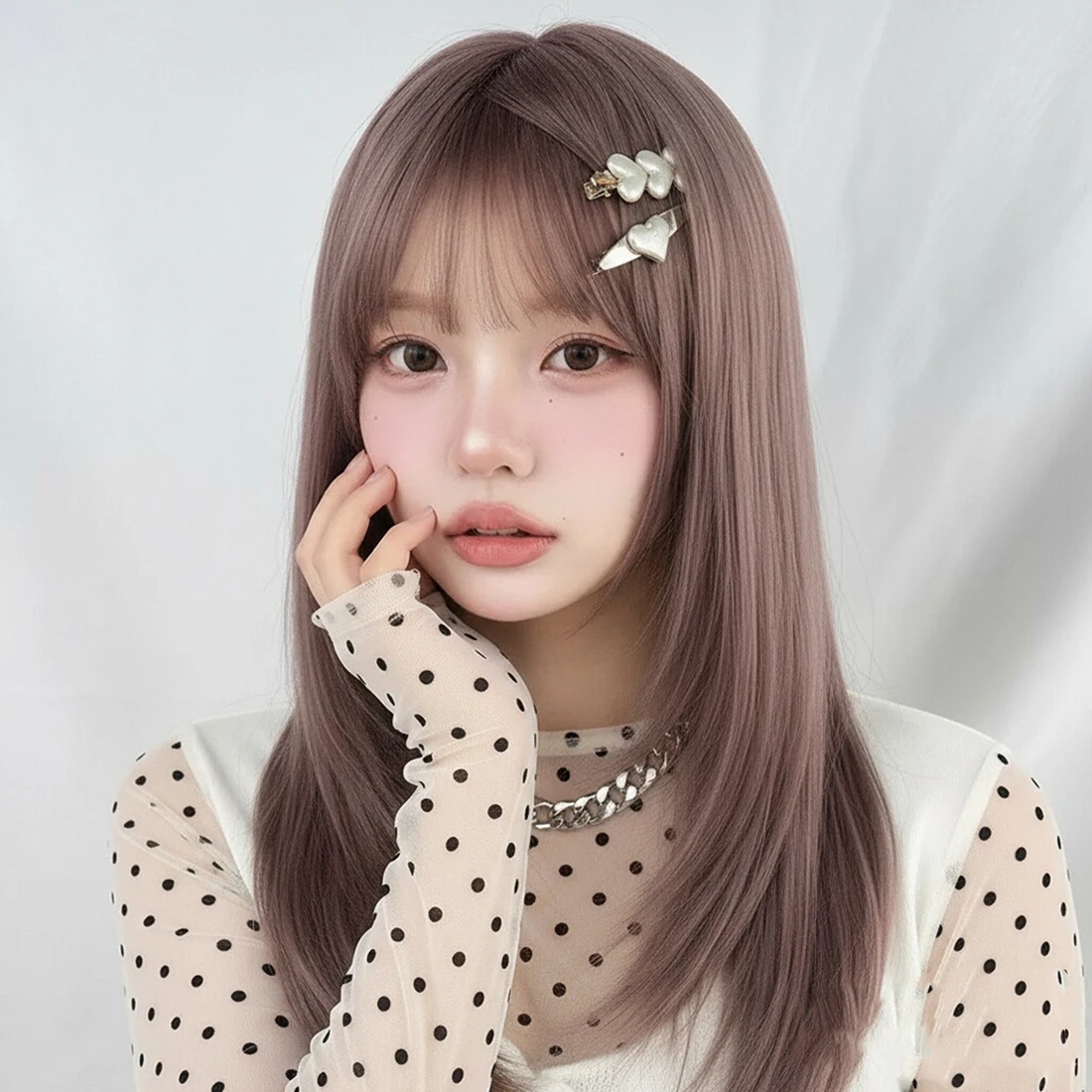 

Длинные прямые женские серые коричневые синтетические парики с челкой, пушистый термостойкий парик Лолиты для косплея для повседневной вечеринки