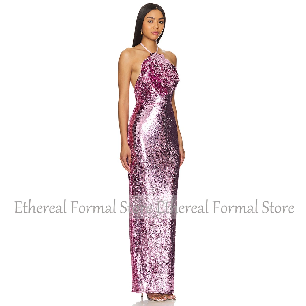 キラキラライラックスパンコール女性のイブニングドレスホルター花イブニングドレスマーメイドフロアレングスロングフォーマルトランペットパーティードレス