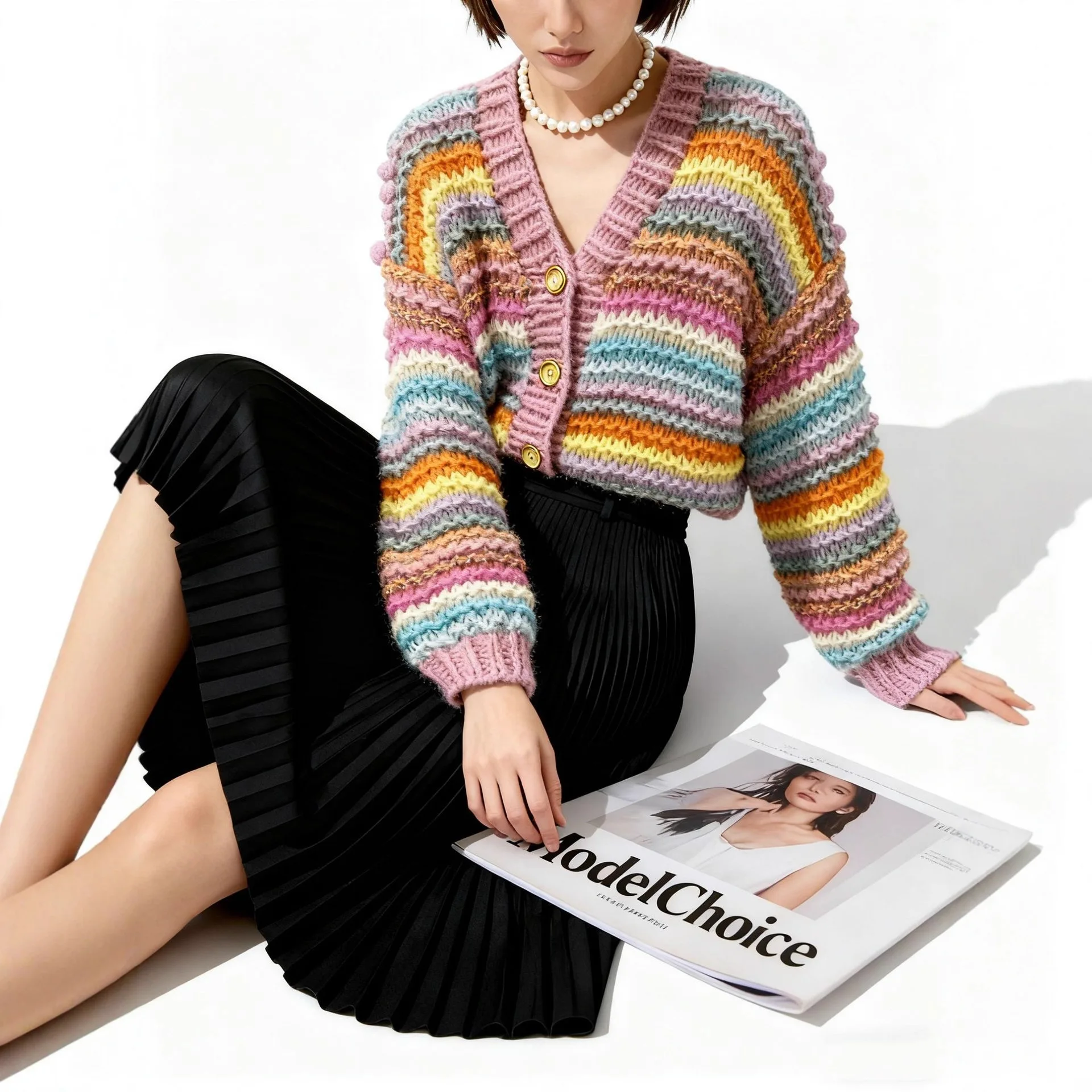 

New Rainbow Striped Color-blocking V-neck Thickened Knitted Women's Cardigan For Autumn And Winter 2025