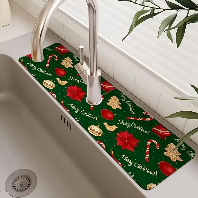 VIKAMA Green Christmas Faucet Mat Poinsettia Candy Cane Non Slip Absorbent Kitchen Sink Draining Pad For Countertop Basin Decor