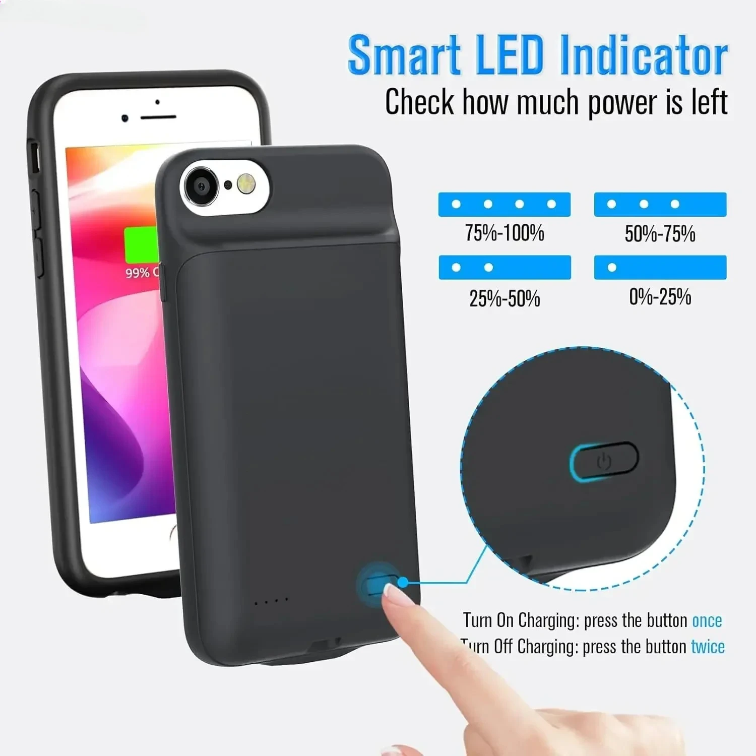 10000mAh Power Case for IPhone 8/7/6s/6/SE Portable Protective Charging Cover Extended Smart Battery Charger Case - Detail 1