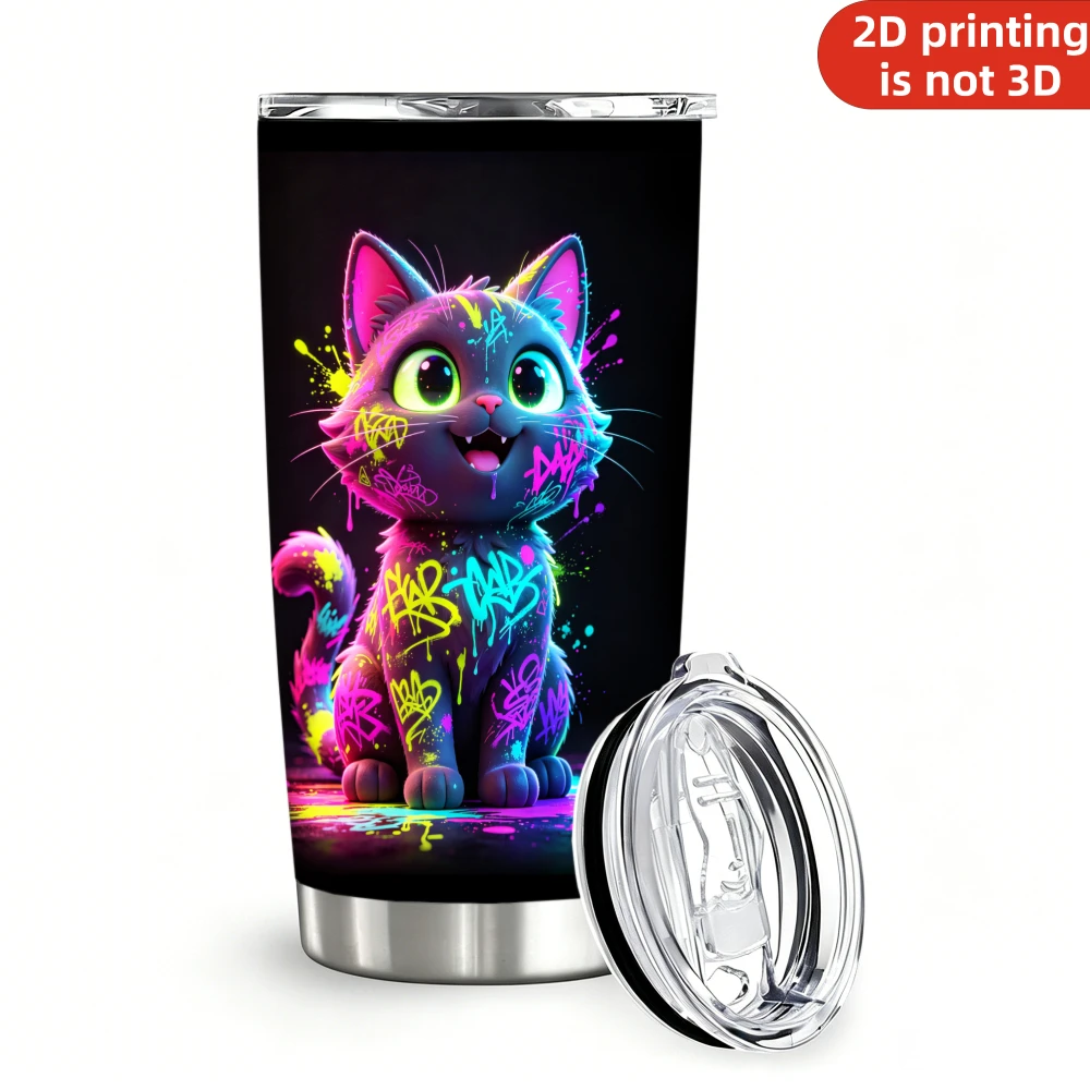 20oz Neon Graffiti Cat Printed Stainless Steel Tumbler with Lid and Straw, Street Art Paint Dripping Black Kitten Big Green Eyes Vacuum Insulated Travel Coffee Mug Pet Gifts
