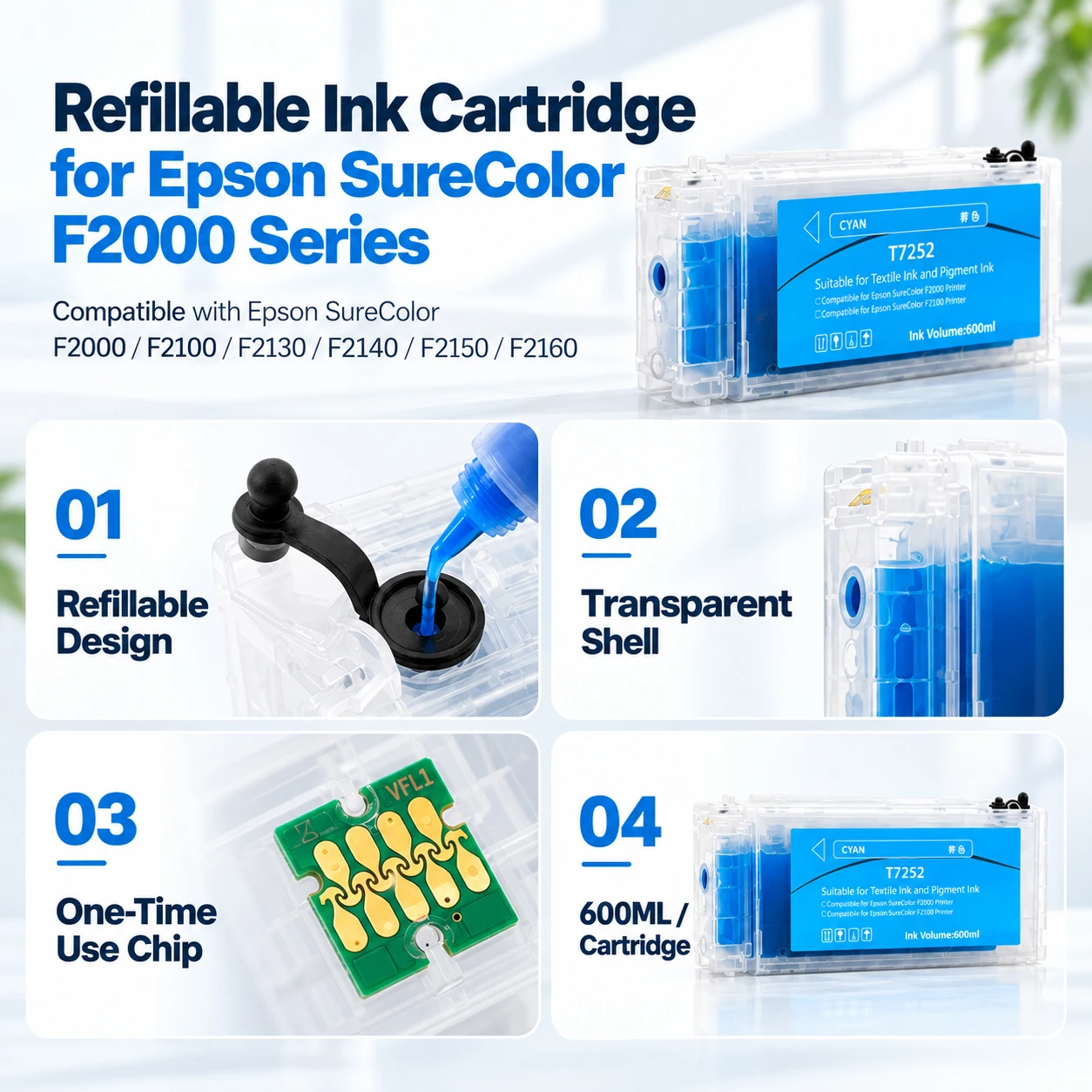 1PC T7251 T725A Refillable Ink Cartridge With Chip For Epson F2000 F2100 F2130 F2140 F2150 F2160 Printer T725 T7252 T7253 T7254