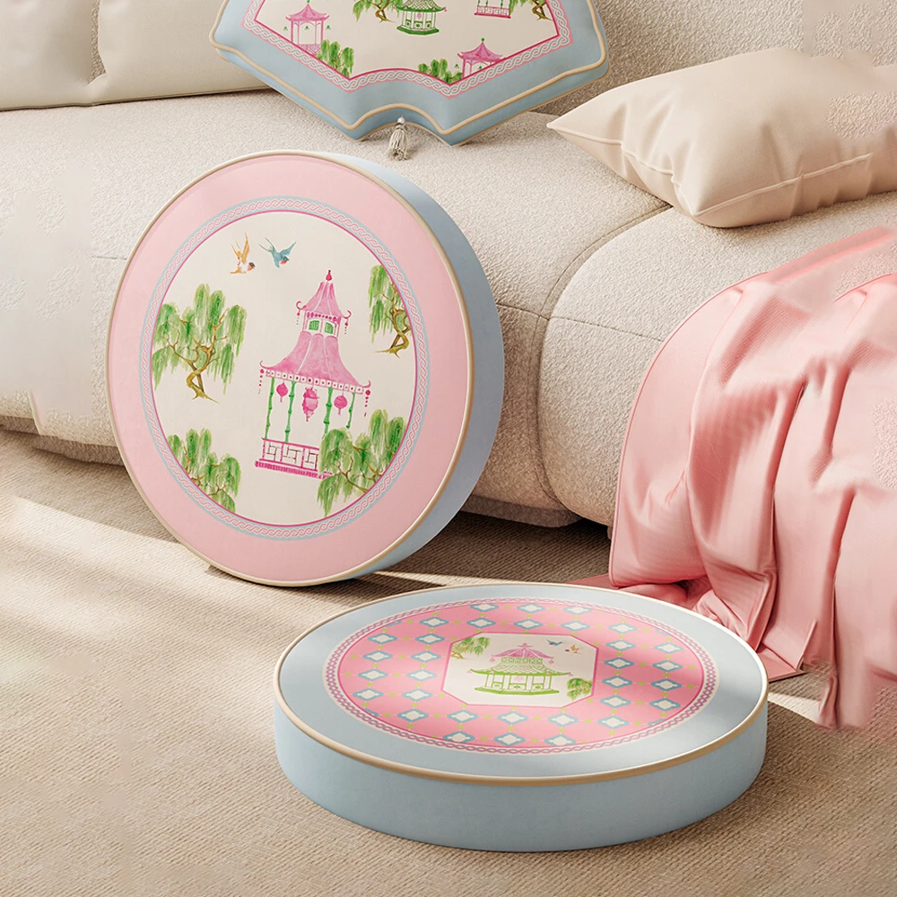 New Chinese Sponge Futon Pink Pavilion Watercolor Illustration Cushion Children's Room Round Short Plush Seat Cushion 40cmx5cm
