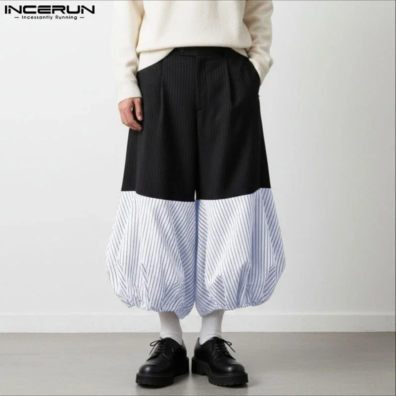 

INCERUN Men Pants Striped Patchwork Button Joggers Casual Male Lantern Pants Streetwear Loose Fashion Leisure Trousers Men S-5XL