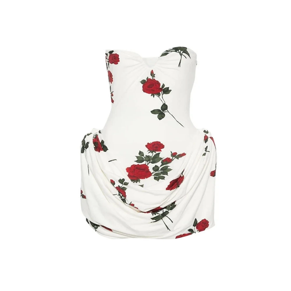 섹시한 플리츠 뷔스티에 프린트 화이트 드레스 여성용 오트 스커트 패셔너블 하이웨이스트 폴리에스터 원단 데이트 나이트