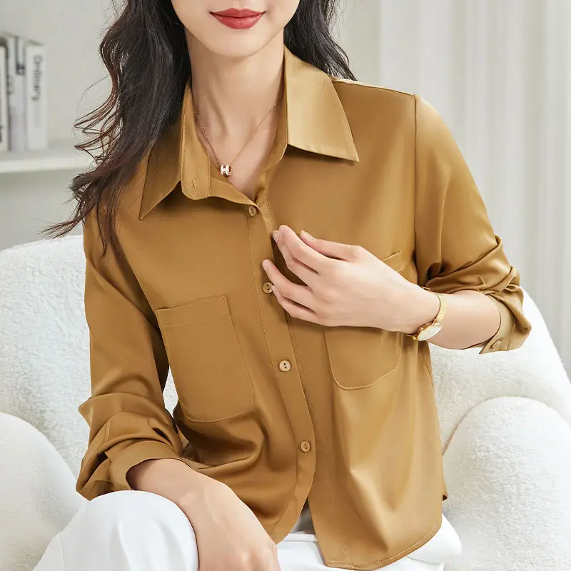 Women High Quality Satin Elegant Fashion Button Shirts Autumn Office Lady Business Casual Blouses Solid Long Sleeve Loose Tops