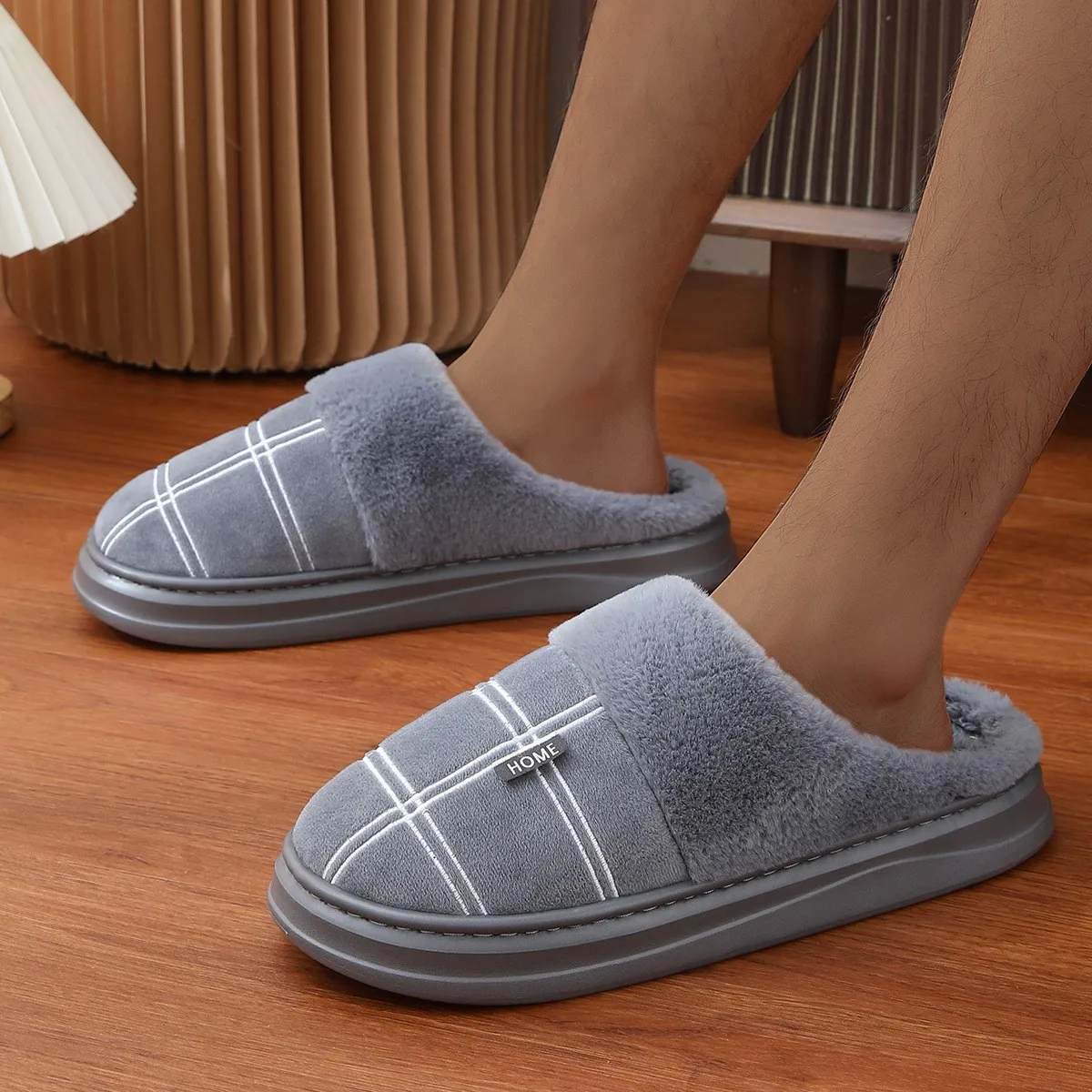Big Size 50 51 Winter Slippers Women Men Thick Sole Slides Couples Home Warm Shoes Non-Slip Flats Platform Soft Cotton Slipper