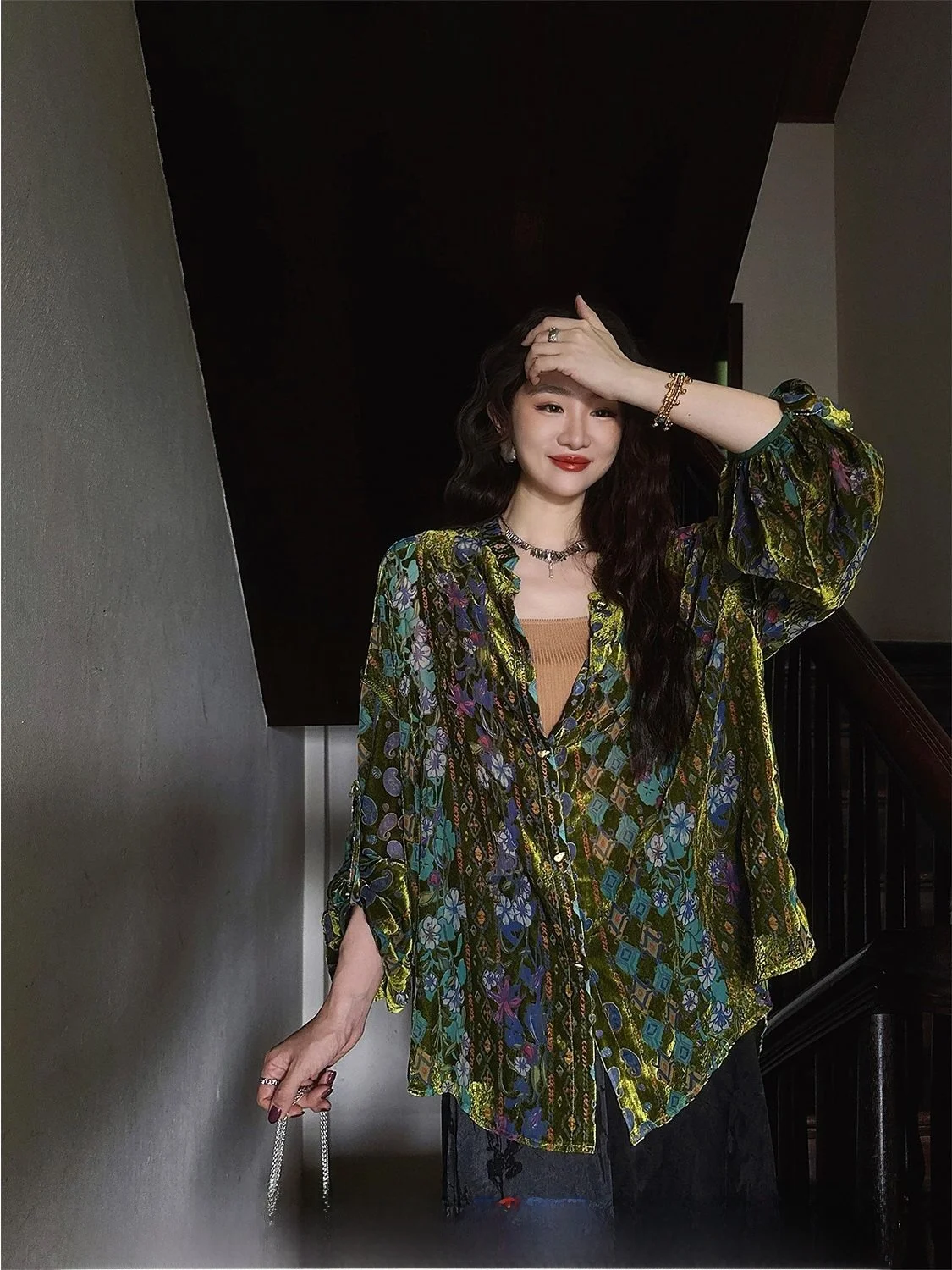 

Sanji Bla Flower Velvet irt Women's Jaet Sle Commute Simple Loose Fit Long Sve Cool Sensation Chinese New Sle