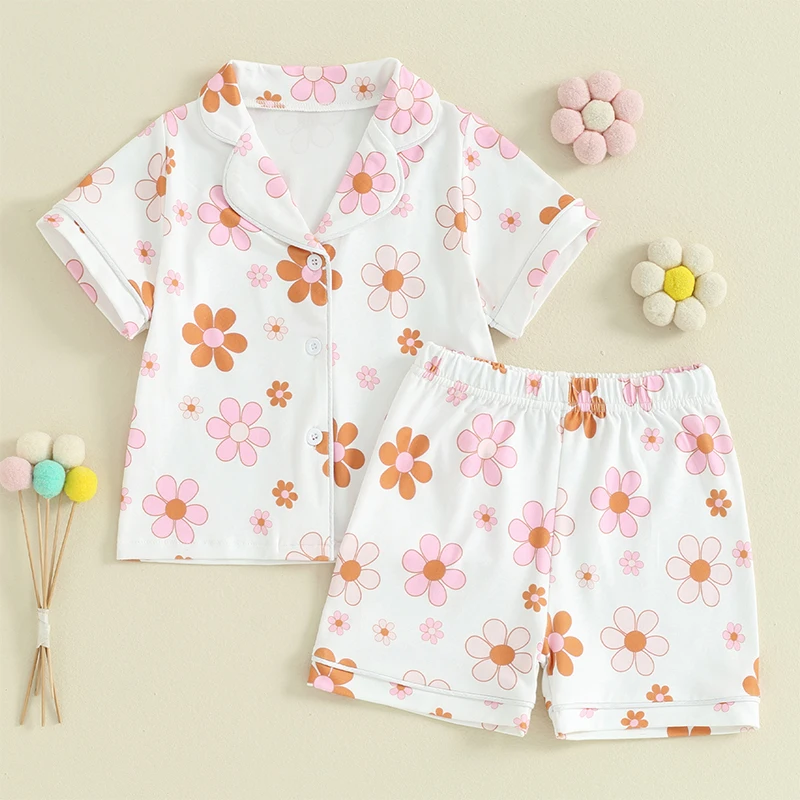 

VISgogo Baby Girl 2Pcs Summer Outfits Pajamas Short Sleeve Floral Print Button Shirt + Elastic Waist Shorts Set Kids Loungewear