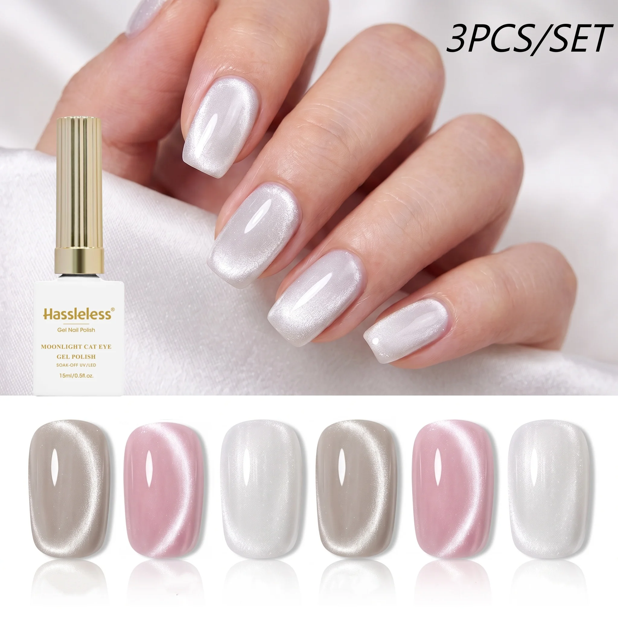 Hassleless 3Pcs White Moonlight Cat Eye Nail Polish Set, Formaldehyde-Free, High Saturation, Lightweight and Easy to Use, Gentle for Everyday Use