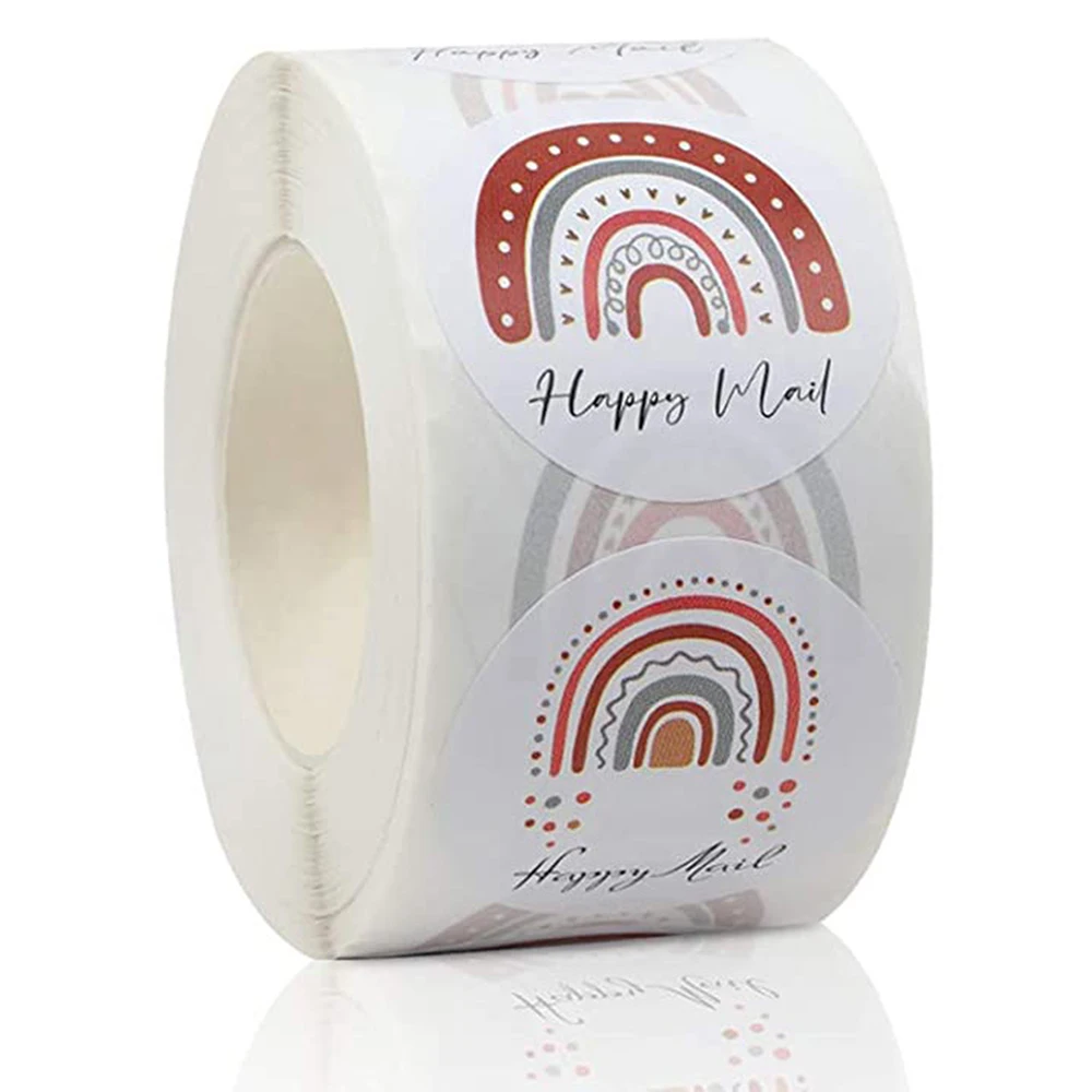 500 pz/rotolo 1.5in Round Happy Mail Stickers Cute Rainbow grazie Sticker per le piccole imprese busta pacchetto etichette di tenuta