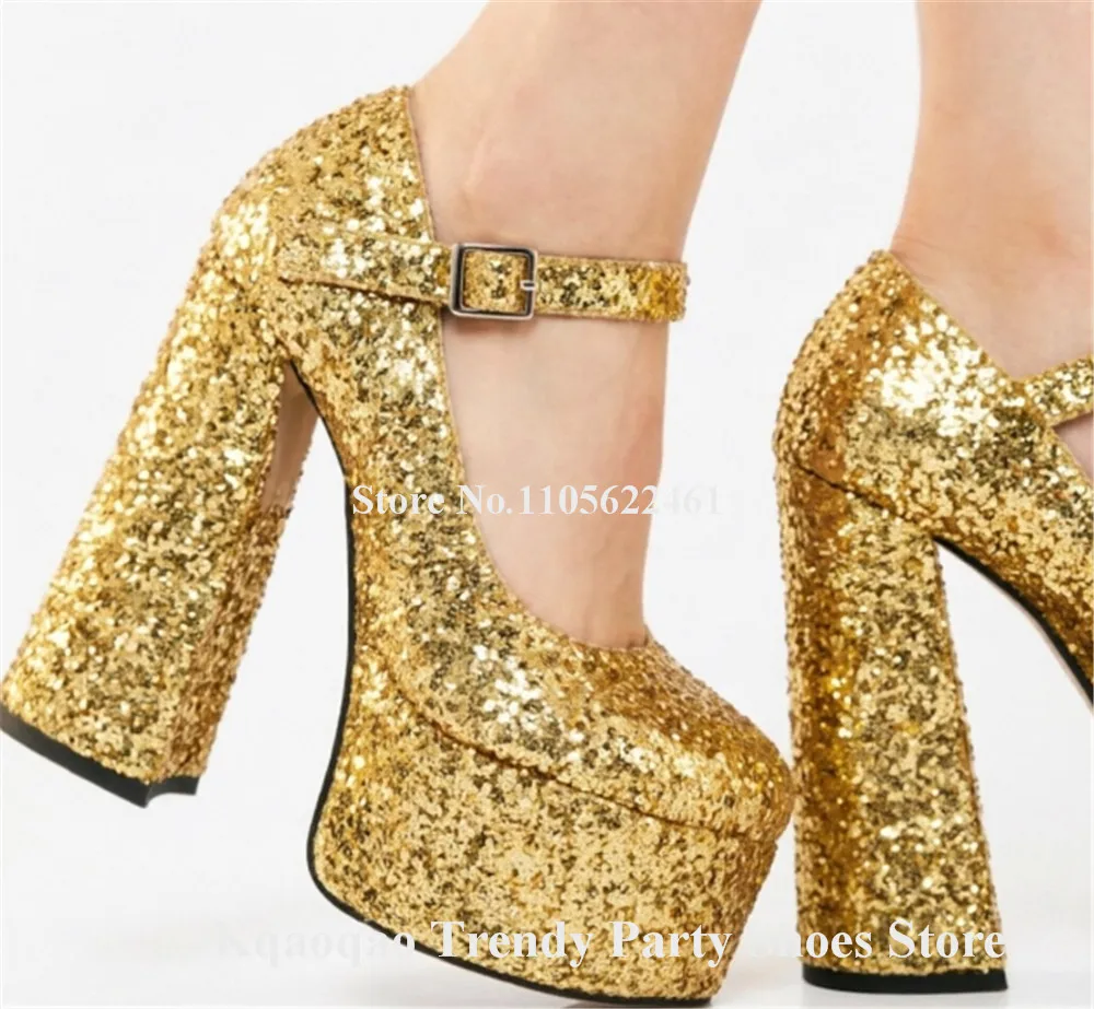 Kqaoqao Shining Gold Silver Red Glitters Chunky Heel Pumps Bling Bling Round Toe High Platform Thick Heel Party Shoes