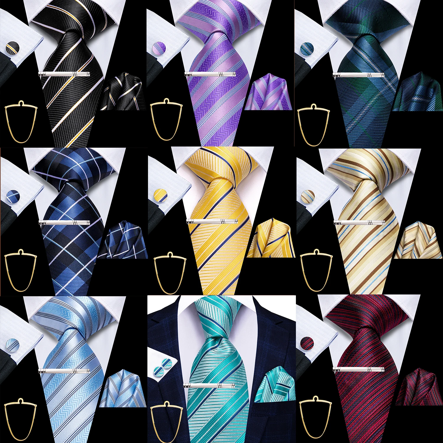 

Мужской комплект умных деловых галстуков Hi-Tie из 5 предметов — полосатый галстук, носовой платок, запонки, зажим для лацкана, цепочка