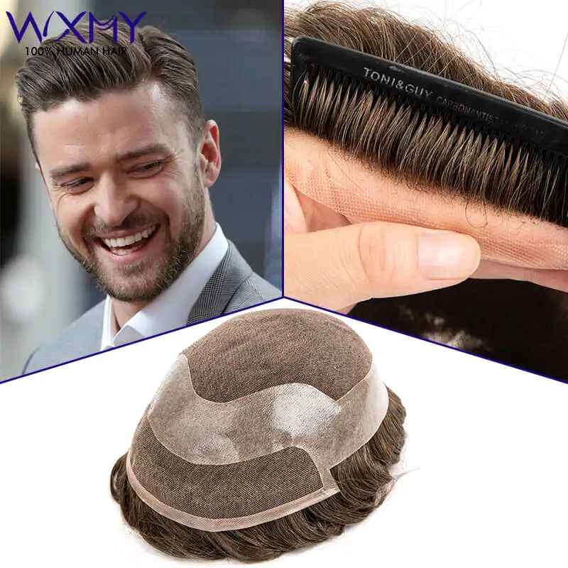 

Swiss Lace And Pu Base Toupee Men Male Hair Prosthesis Natural Hairline Human Hair Man Wig Capillary Lace Front Hair System Unit