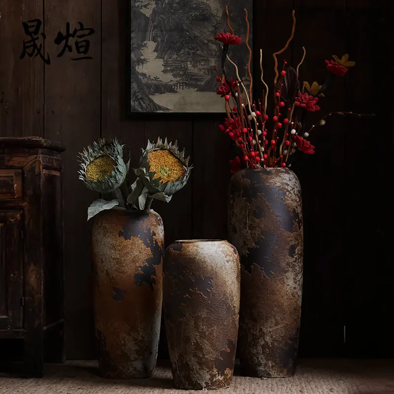 Wabi-Sabi Retro Ceramic Floor Vase - Zen Distressed Terracotta Pot for Dried Flowers, Rustic Home Living Room Decor