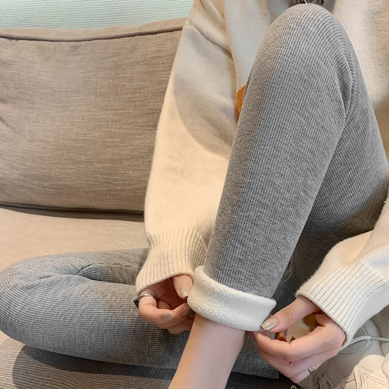 Women Solid Color Warm Lambwool Leggings Autumn Winter Stretch Waist Cold Leggings Woman Outdoor Wear-Resistant Casual Leggings