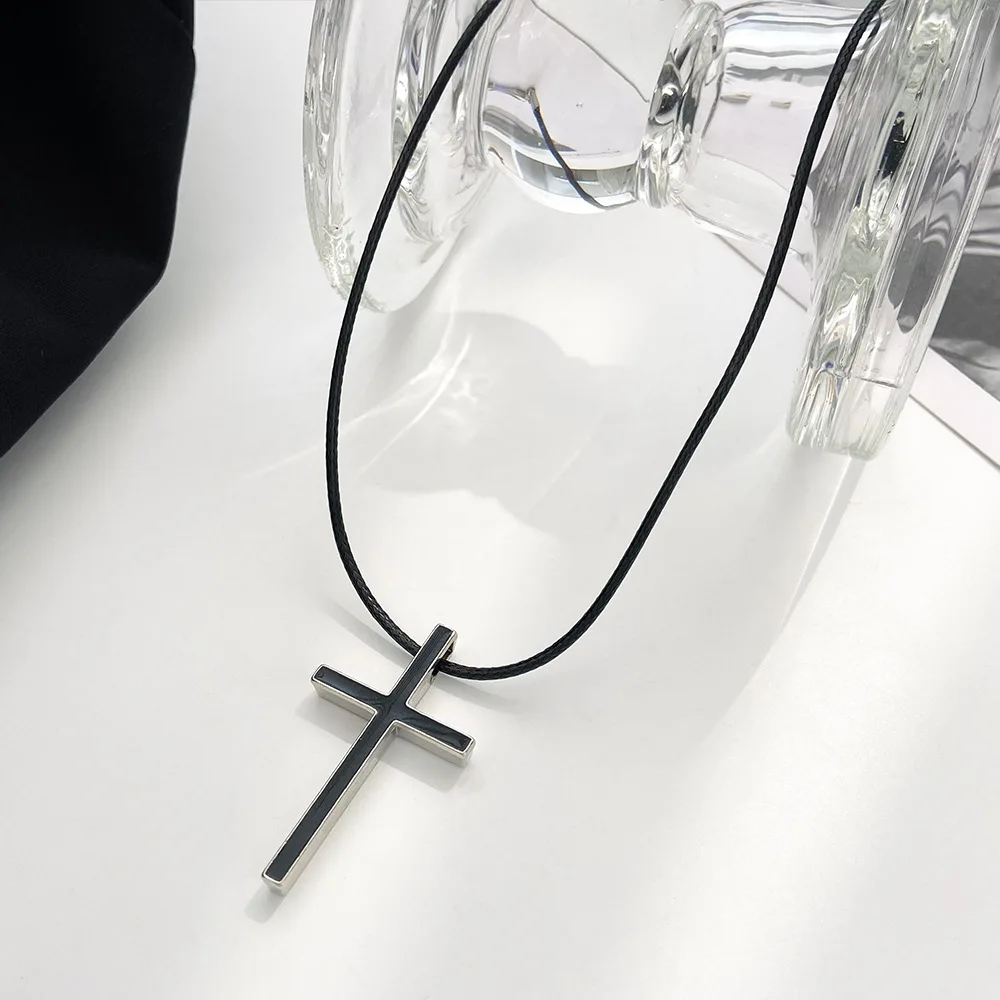 Domineering Black and White Cross Necklace for Women Simple and Fashionable Leather Rope Pendant for Men Wholesale